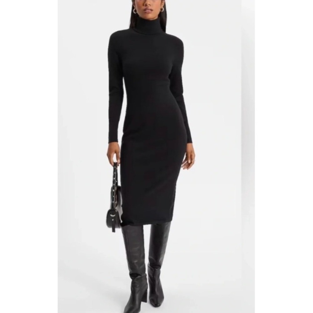 Express Womens Black Ribbed Turtleneck Long Sleeve Midi Bodycon Dress Size M